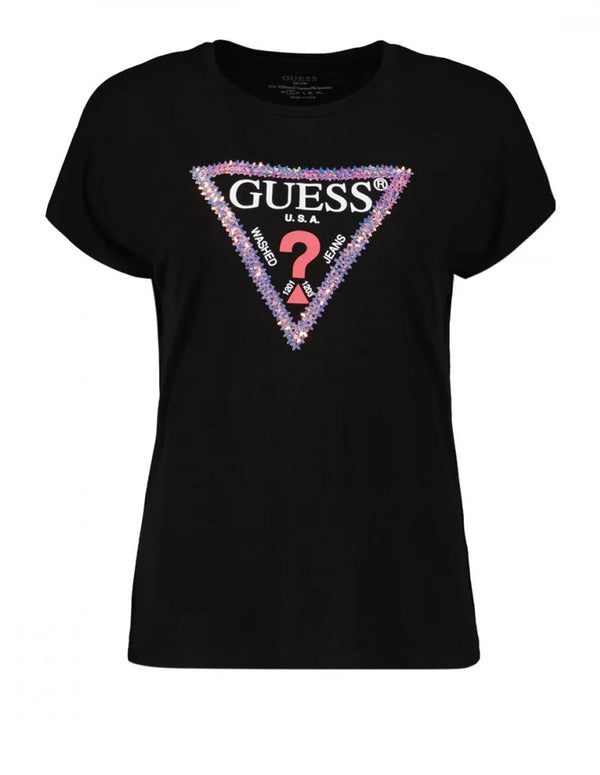 Camiseta GUESS 3D Flowers Triángulo Negra Mujer