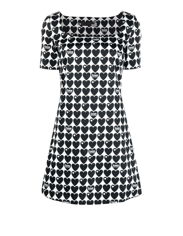 Vestido Love Moschino con Estampado de Corazones Negro y Blanco Mujer